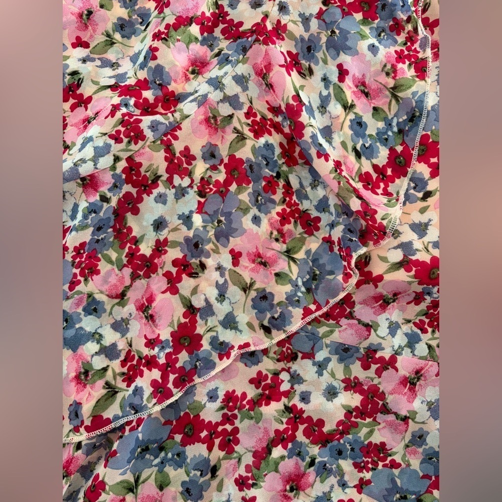 Pretty Garden M Floral Ruffle Hem Wrap Chiffon Belted Dress S/S V-Neck Colorful - Picture 10 of 11